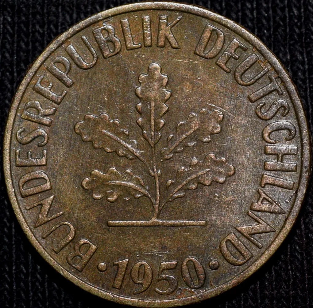 Brass 10 Pfennig of Germany (AD 1950) with Oak Sapling