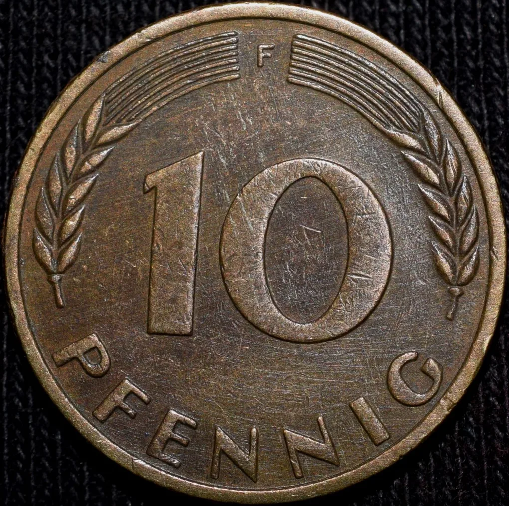 Brass 10 Pfennig of Germany (AD 1950) with Oak Sapling