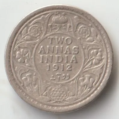 Two Anna 1912 Silver Coin of King George V British India Coinage