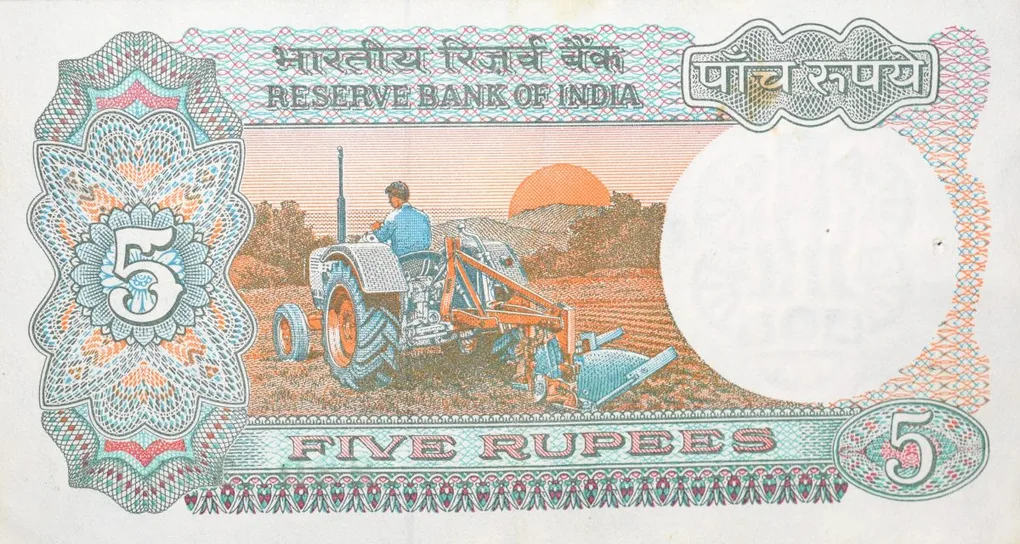 Semi-Fancy 5 Rupees of Republic India (AD 1985-1990) with Farmer ploughing with a tractor while sun is rising - R.N. Malhotra Signature 'E' Inset L Prefix