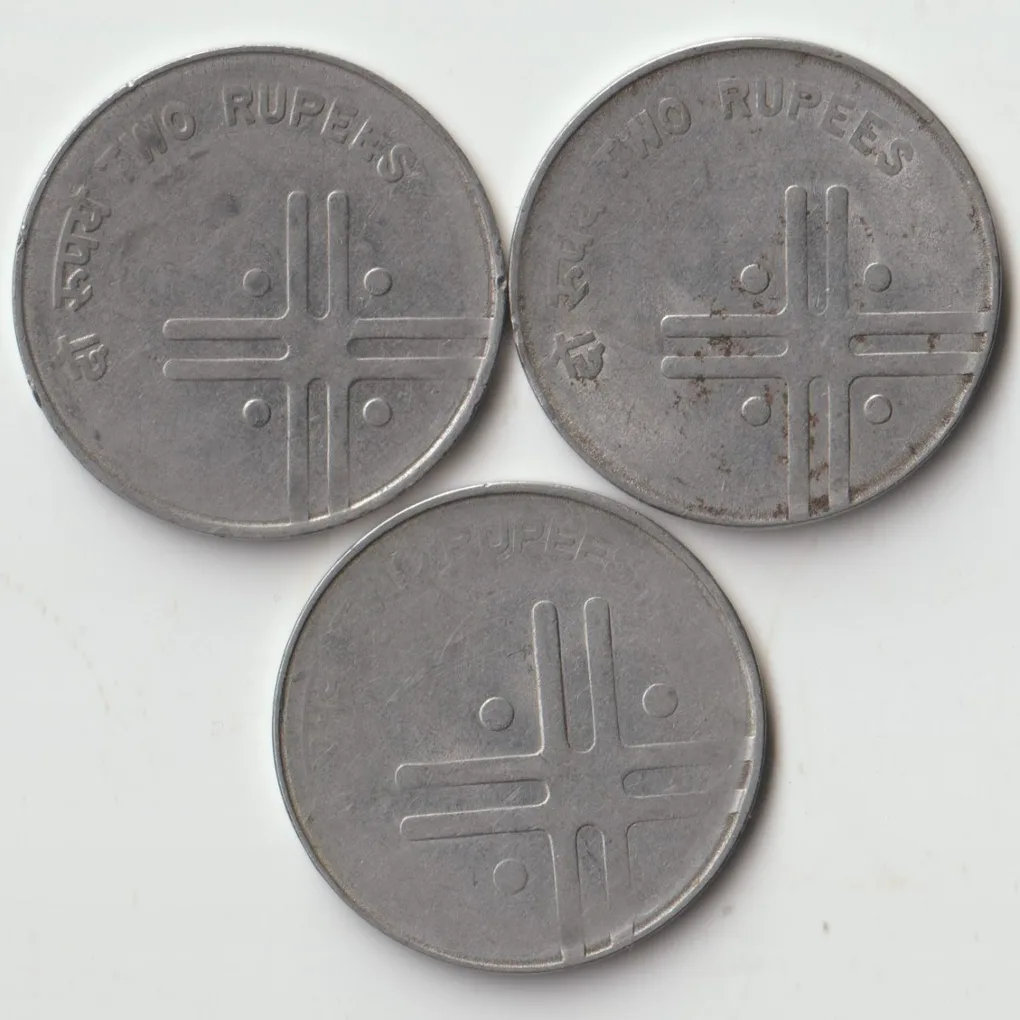 Rare 3 Cross Coins Set of Two Rupees Different Date Variety Cross dividing four dots Stainless Steel Coins of Republic India Coinage