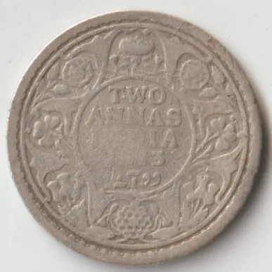 Two Anna 1913 Silver Coin of King George V British India Coinage