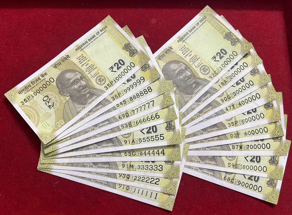 Rs 20 India Banknote 19 Note Solid Fancy Number Set 111111 to 1000000 Gem Unc Unique and Rare