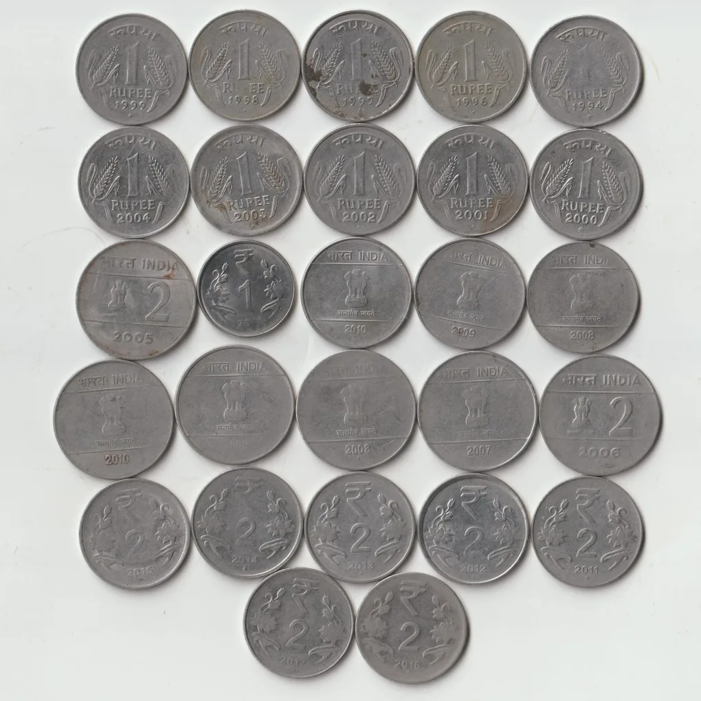 27 Coins Set of One Rupees and 2 Rupees 1994-2017 Republic India Coinage