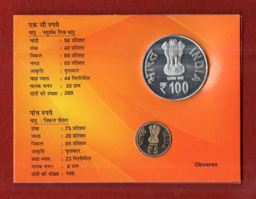 2016 – Biju Patnaik Birth Centenary UNC 2 Coins Set Kolkata Mint (Rs.100,Rs.5)