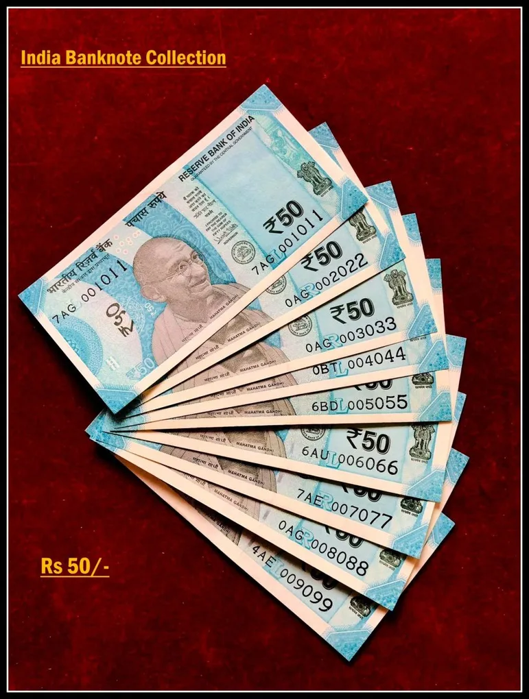 Rs 50/- India Banknote Solid Set Gem Unc 001011 to 009099 Latest Issue Unique and Rare