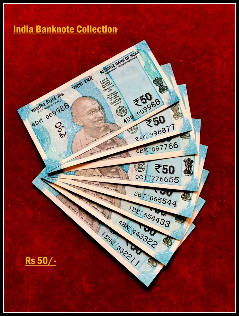 Rs 50/- India Banknote Solid Set Gem Unc 009988 to 332211 Latest Issue Unique and Rare