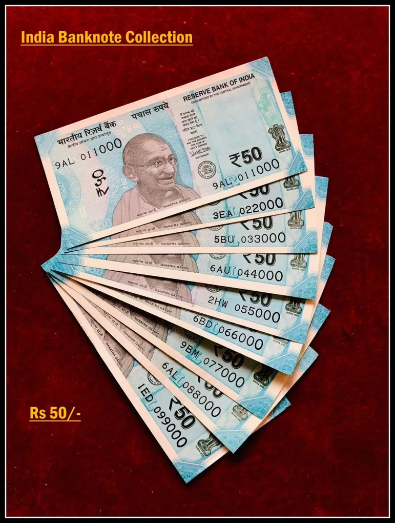 Rs 50/- India Banknote Solid Set Gem Unc 011000 to 099000 Latest Issue Unique and Rare