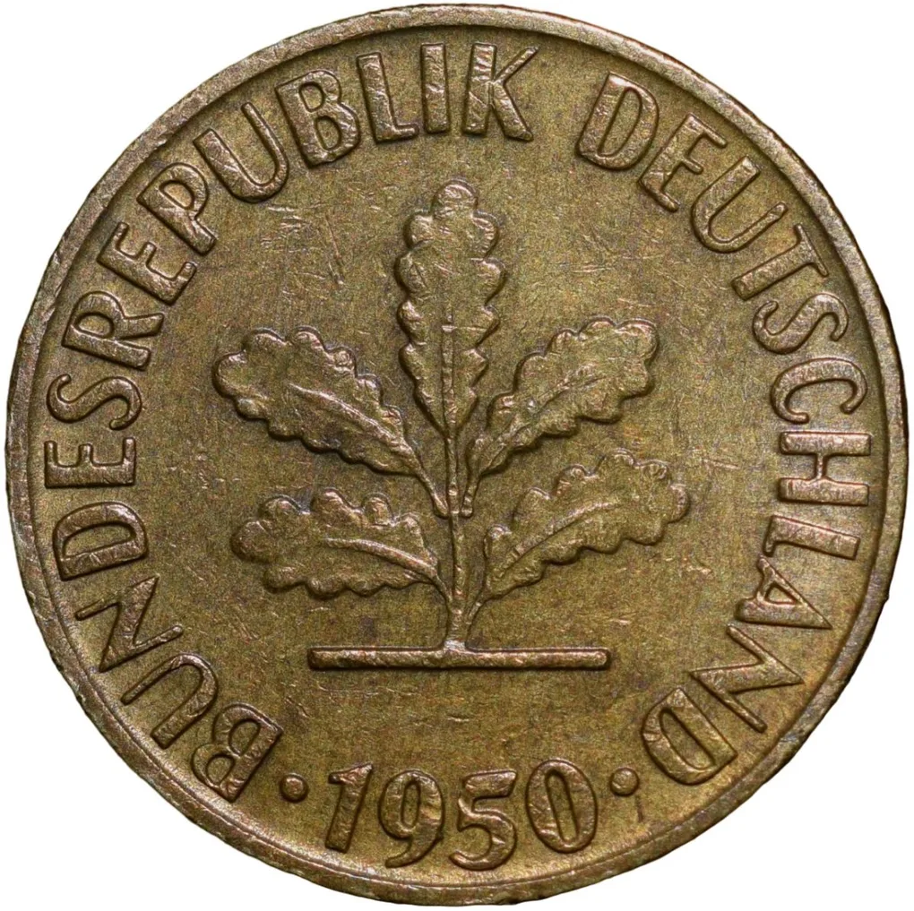 Brass 5 Pfennig of Germany (AD 1950) with Oak Sapling