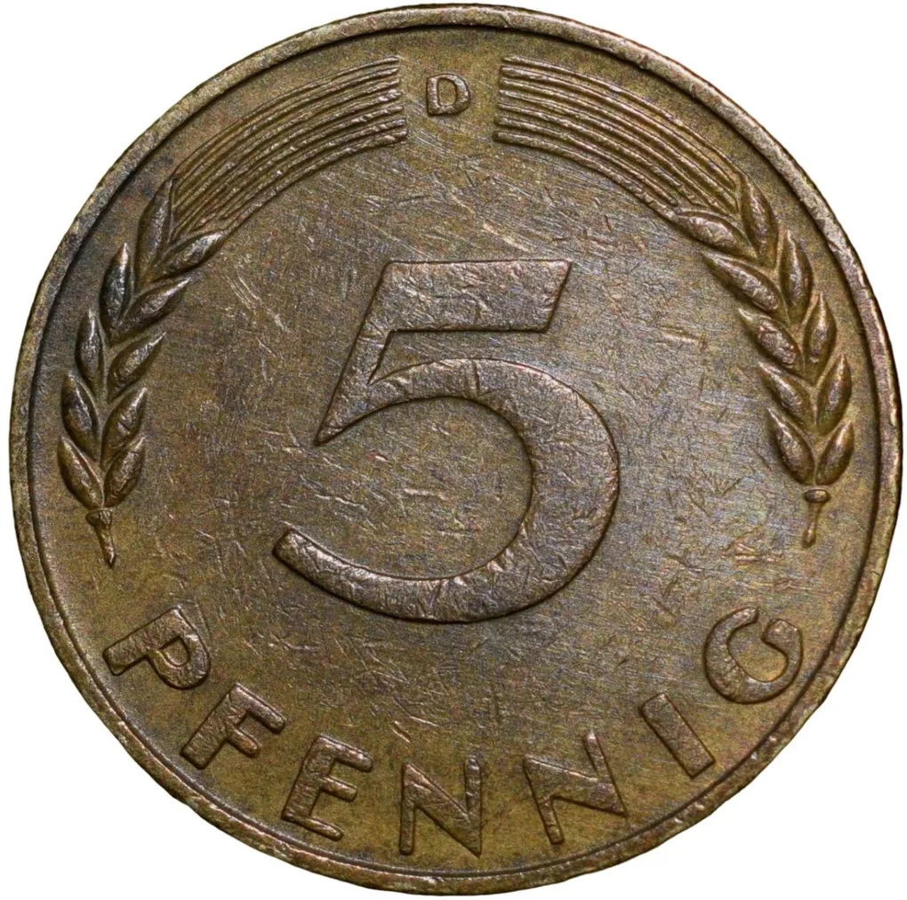 Brass 5 Pfennig of Germany (AD 1950) with Oak Sapling
