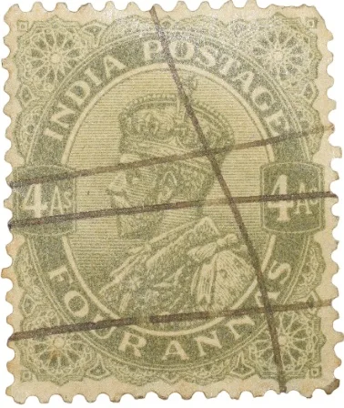 Postal Stamp of George V 4 Annas Olive Green Colour - Used Condition as per Image.