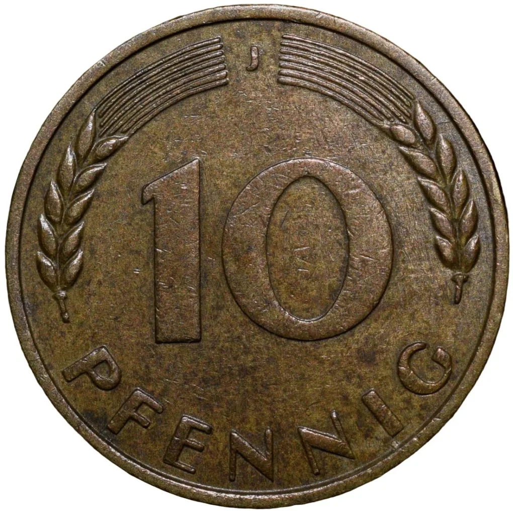 Brass 10 Pfennig of Germany (AD 1950) with Oak Sapling