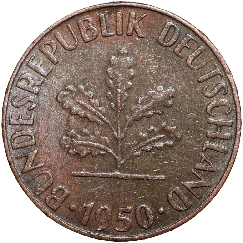 Bronze 1 Pfennig of Germany (AD 1950) with Oak Sapling