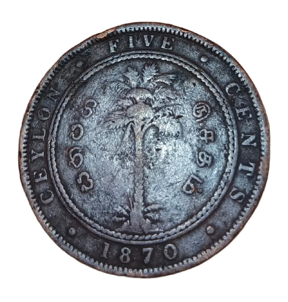 Ceylon Copper Five Cents Year 1870 Queen Victoria "Big Size" **V. Rare** Collectable Grade.