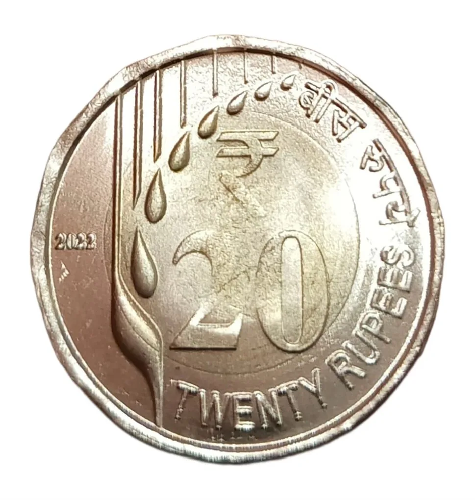 20 Rupees Year 2022 with Color Defect Error Whitish Steel Color **Scare** High UNC Grade.