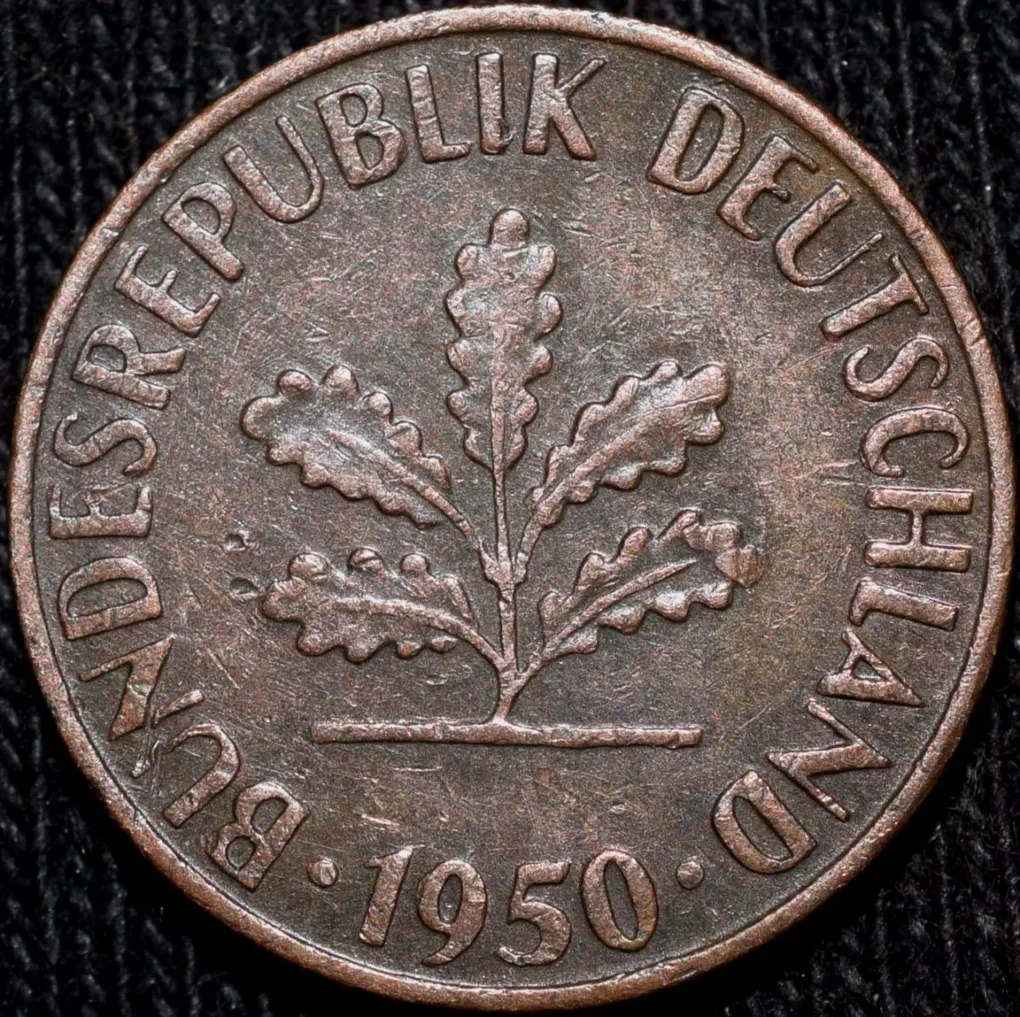 Bronze 1 Pfennig of Germany (AD 1950) with Oak Sapling