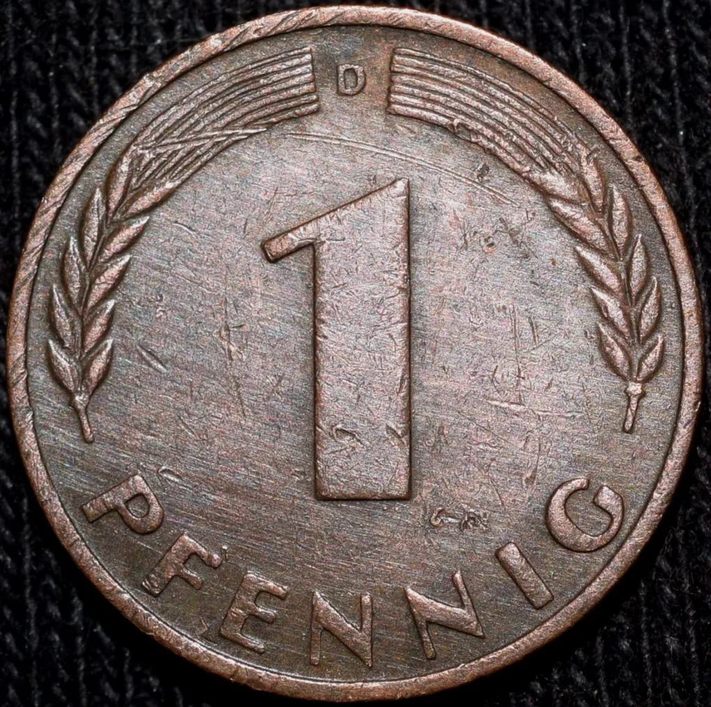 Bronze 1 Pfennig of Germany (AD 1950) with Oak Sapling