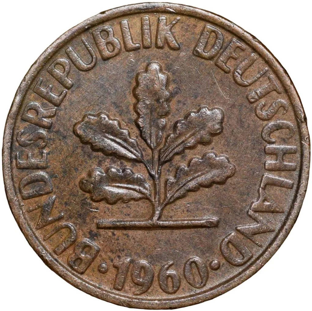 Bronze 2 Pfennig of Germany (AD 1960) with Oak Sapling