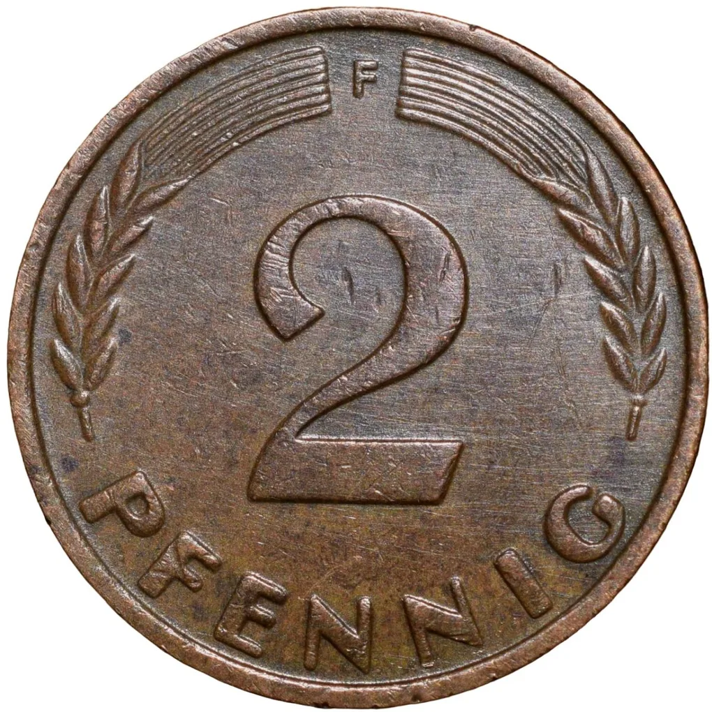 Bronze 2 Pfennig of Germany (AD 1960) with Oak Sapling