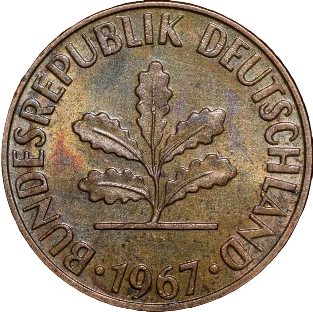 Bronze 2 Pfennig of Germany (AD 1967) with Oak Sapling