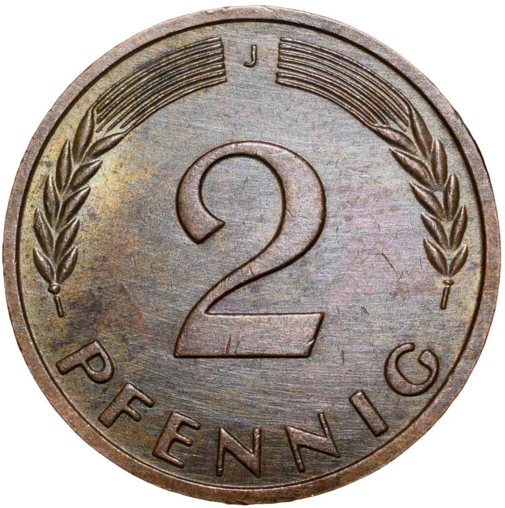 Bronze 2 Pfennig of Germany (AD 1967) with Oak Sapling
