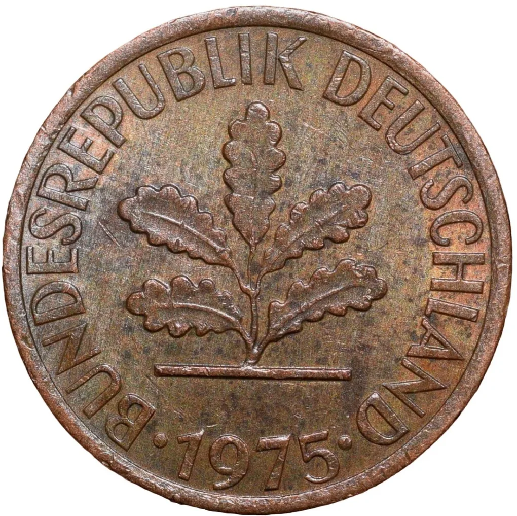 Bronze 1 Pfennig of Germany (AD 1975) with Oak Sapling