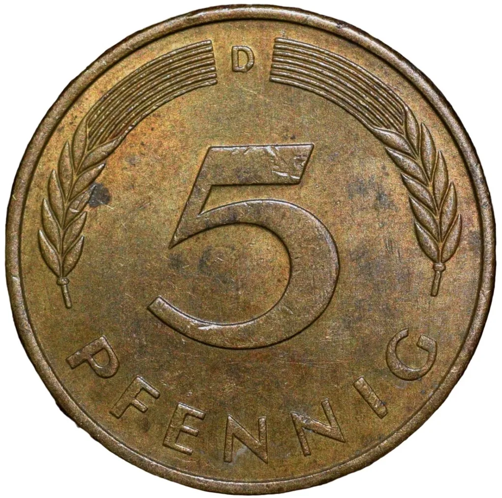Brass 5 Pfennig of Germany (AD 1977) with Oak Sapling