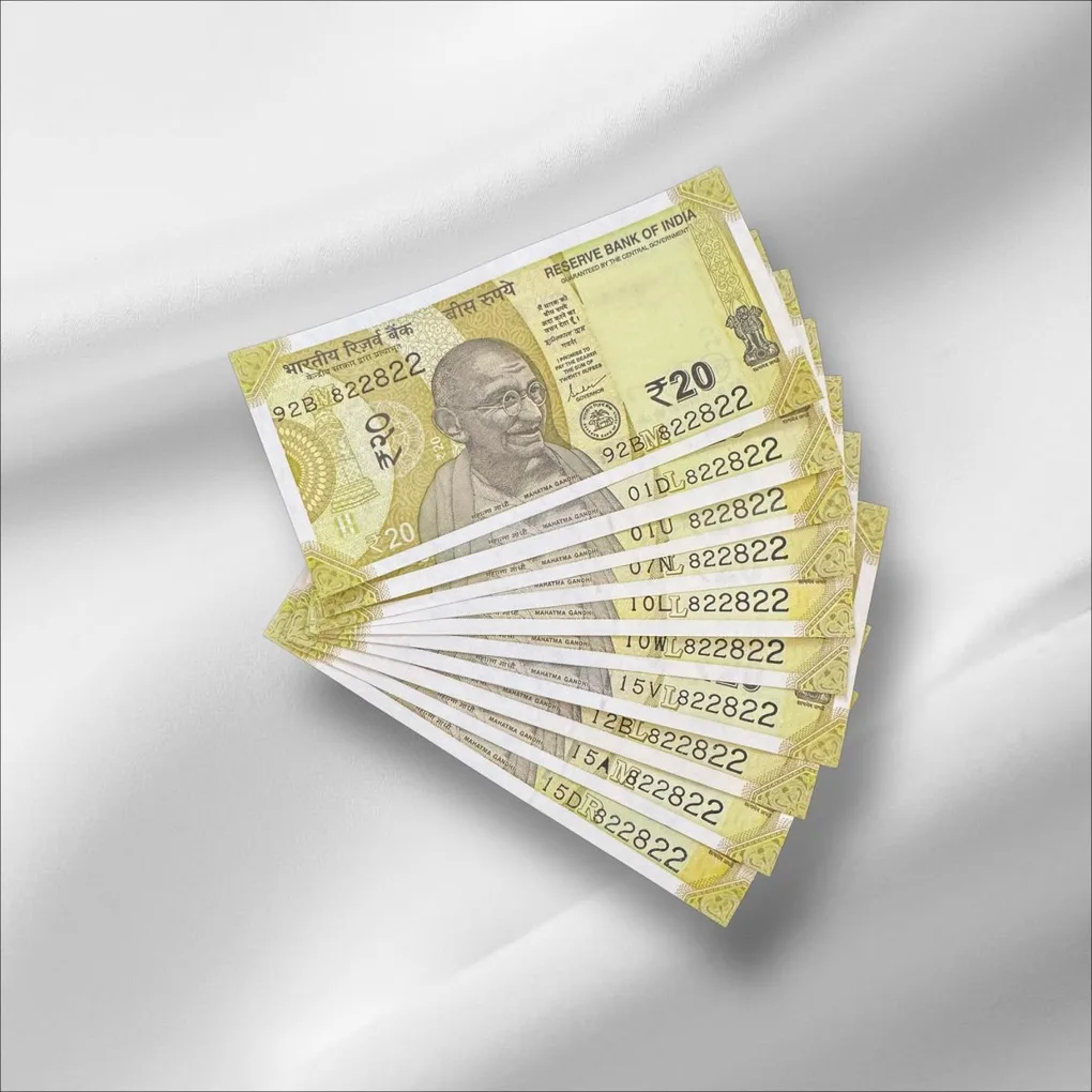 Rs 20/- India Banknote Same Number 818822 * 10 Notes Latest Issue Unique and Rare