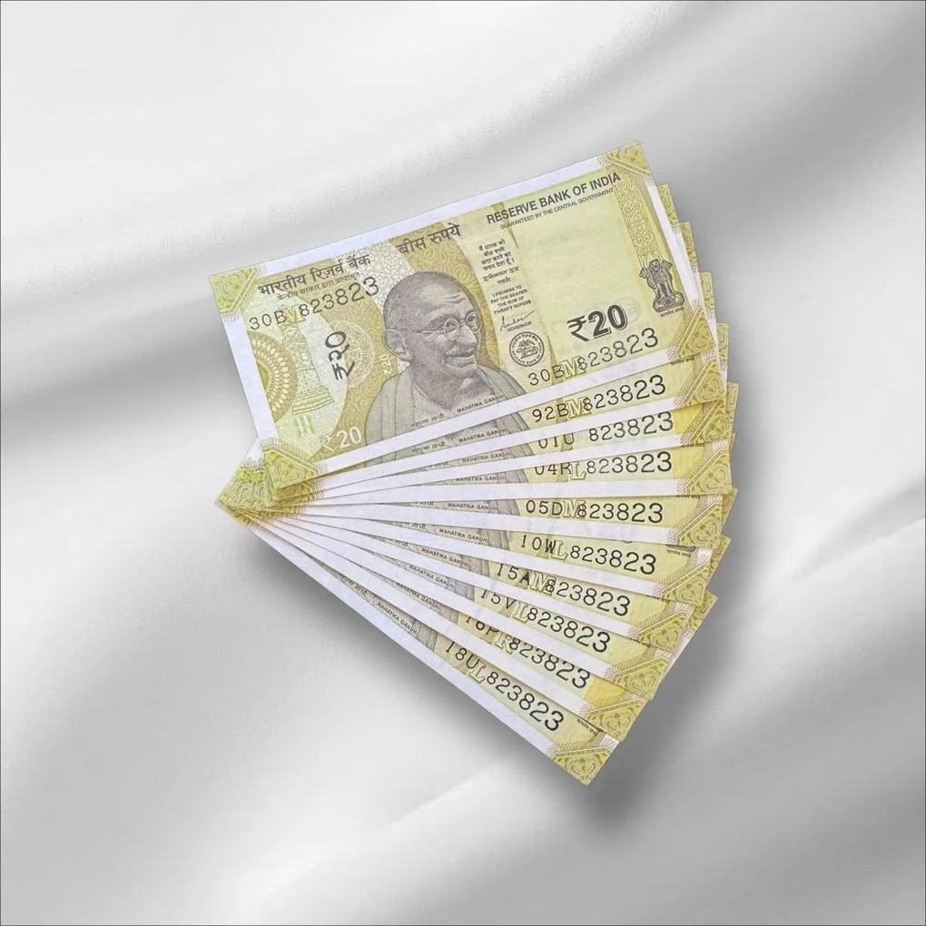 Rs 20 India Banknote Same Number 823823 Repeater 10 note Set Latest Issue Unique and Rare