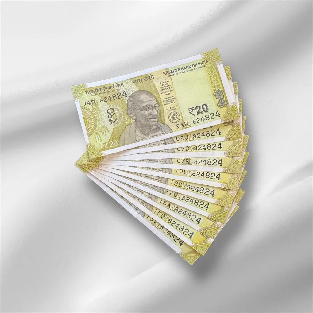 Rs 20/- India Banknote Same Number 818824 * 10 Notes Latest Issue Unique and Rare