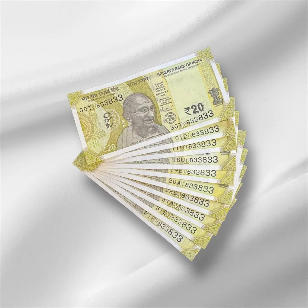 Rs 20/- India Banknote Same Number 818833 * 10 Notes Latest Issue Unique and Rare