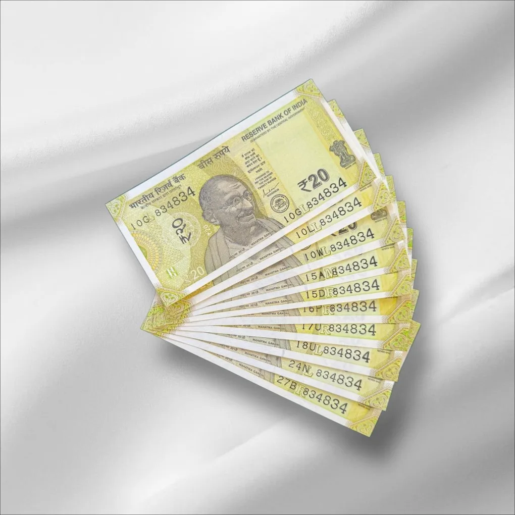 Rs 20/- India Banknote Same Number 818834 * 10 Notes Latest Issue Unique and Rare