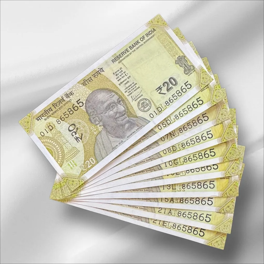 Rs 20 India Banknote Same Number 865865 Repeater 10 note Set Latest Issue Unique and Rare