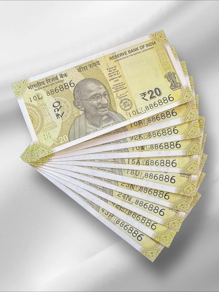 Rs 20 India Banknote Same Number 886886 Repeater 10 note Set Latest Issue Unique and Rare