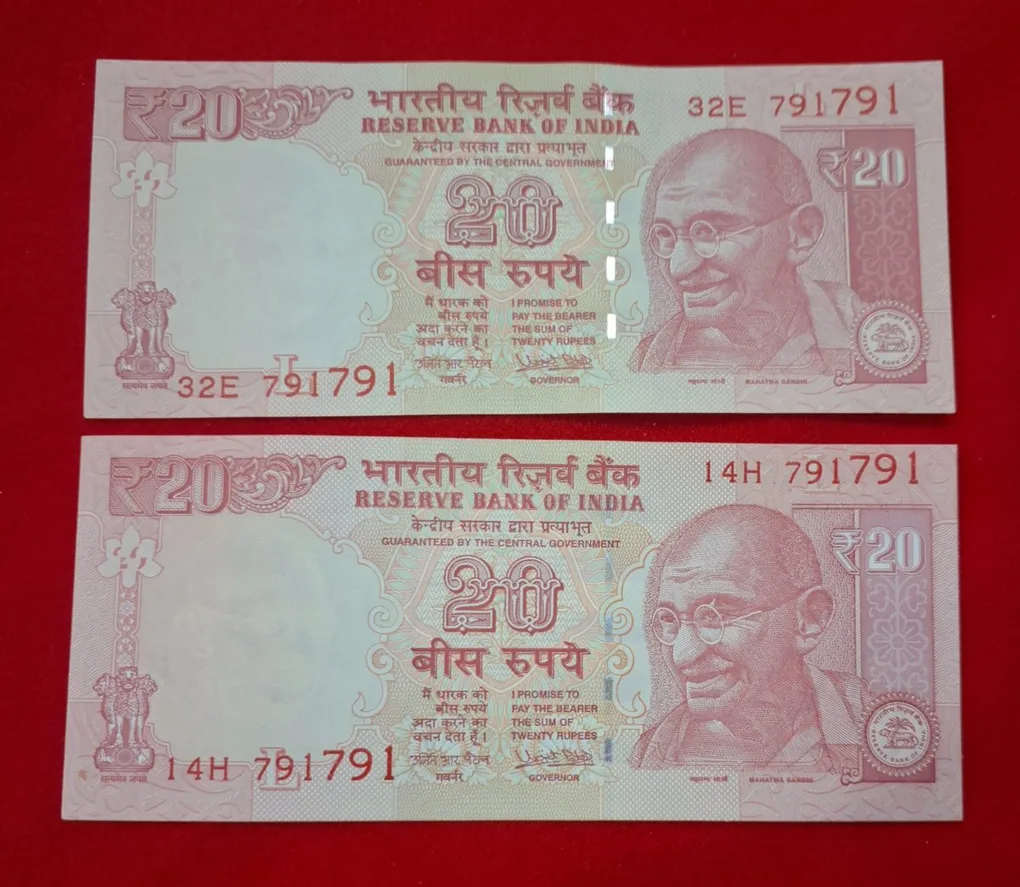 20 Rupee Two Note Set UNC Conditionsame Doublie No. Same Serial No. 791791