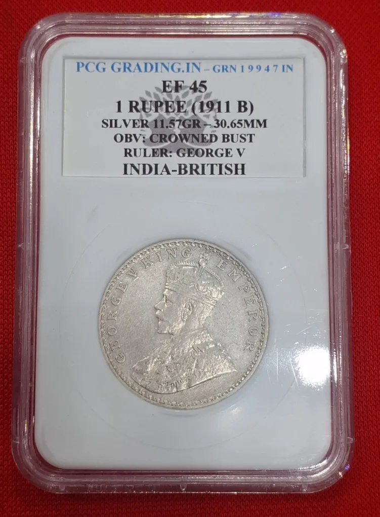Extremely Rare One Rupee 1911 George V King Emperor Famous Pig Variety Coin Pcg Graded Ef 45