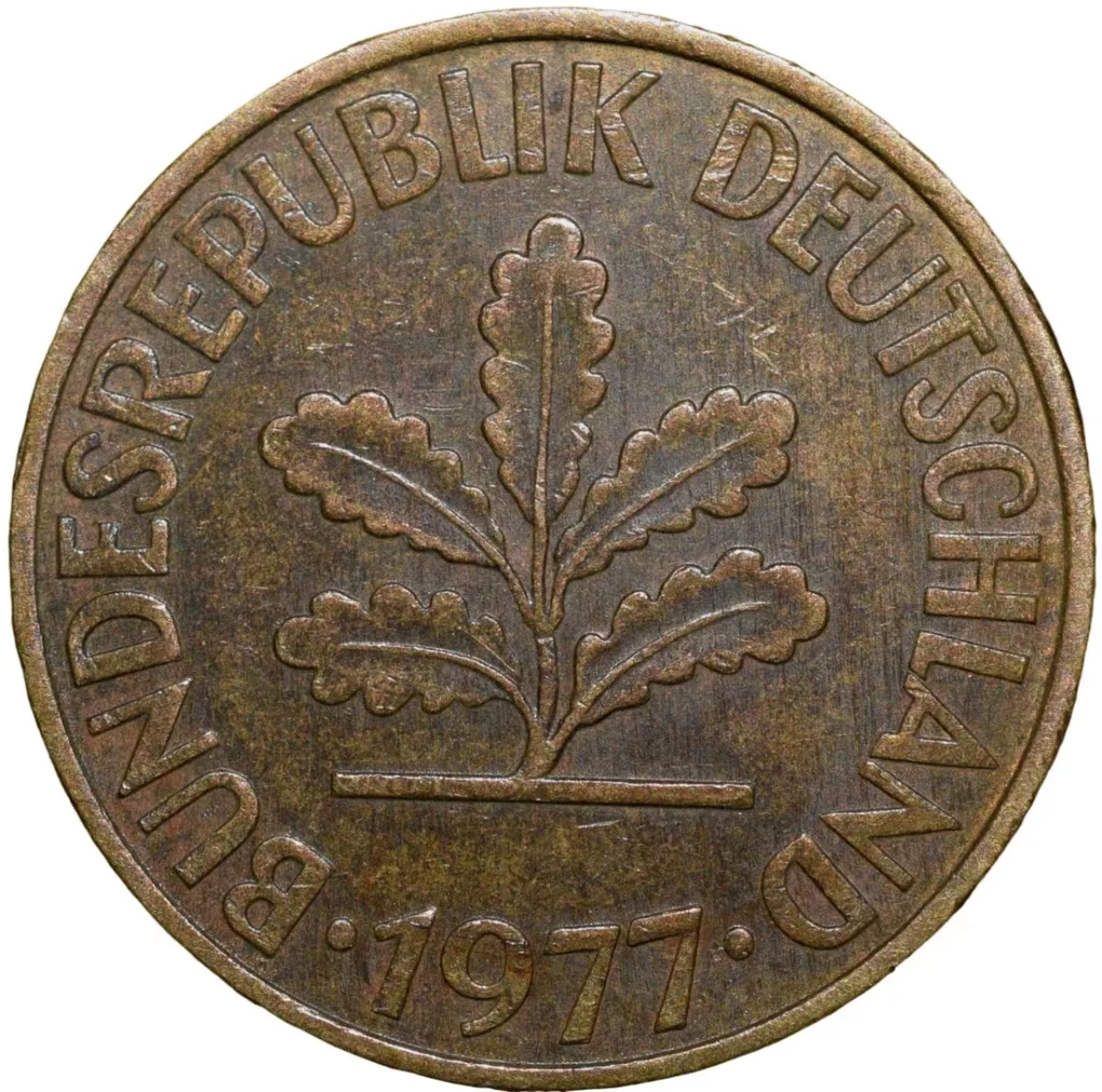 Brass 10 Pfennig of Germany (AD 1977) Beautiful Grade