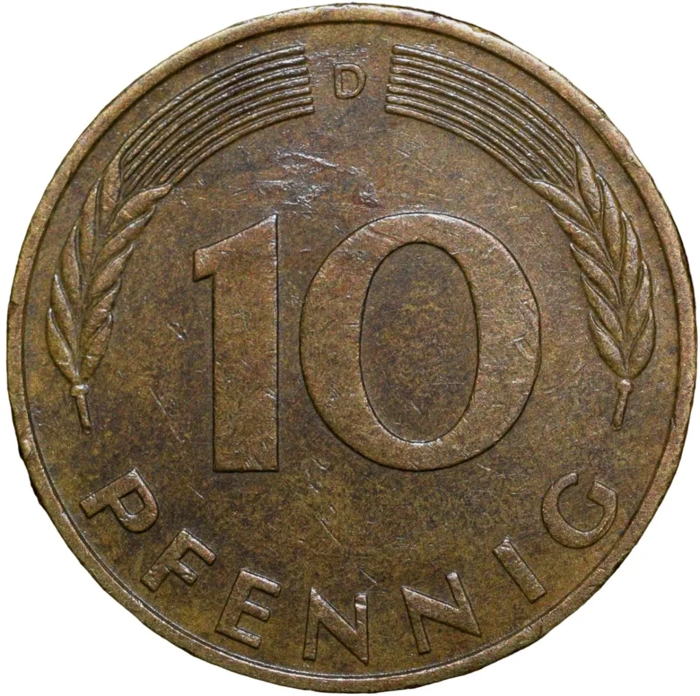 Brass 10 Pfennig of Germany (AD 1977) Beautiful Grade