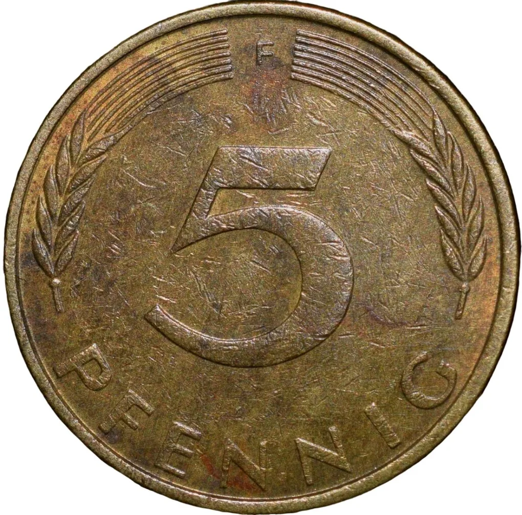 Brass 5 Pfennig of Germany (AD 1974) with Oak Sapling