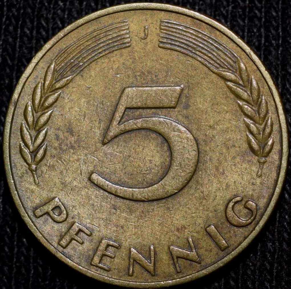 Brass 5 Pfennig of Germany (AD 1950) with Oak Sapling