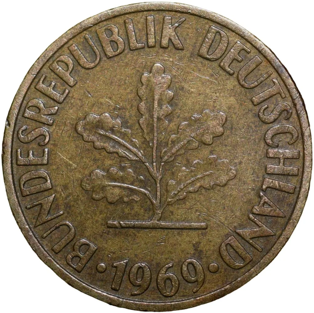 Brass 10 Pfennig of Germany (AD 1969) with Oak Sapling