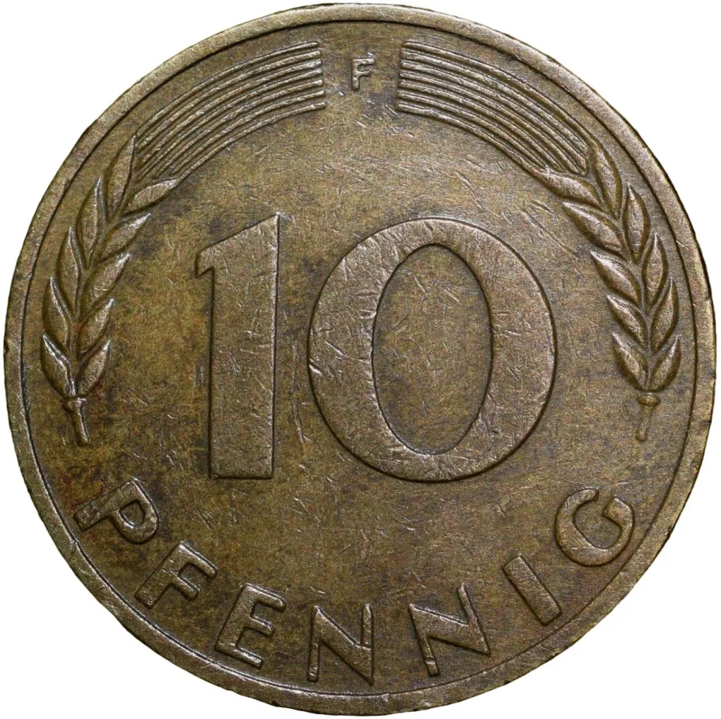 Brass 10 Pfennig of Germany (AD 1969) with Oak Sapling
