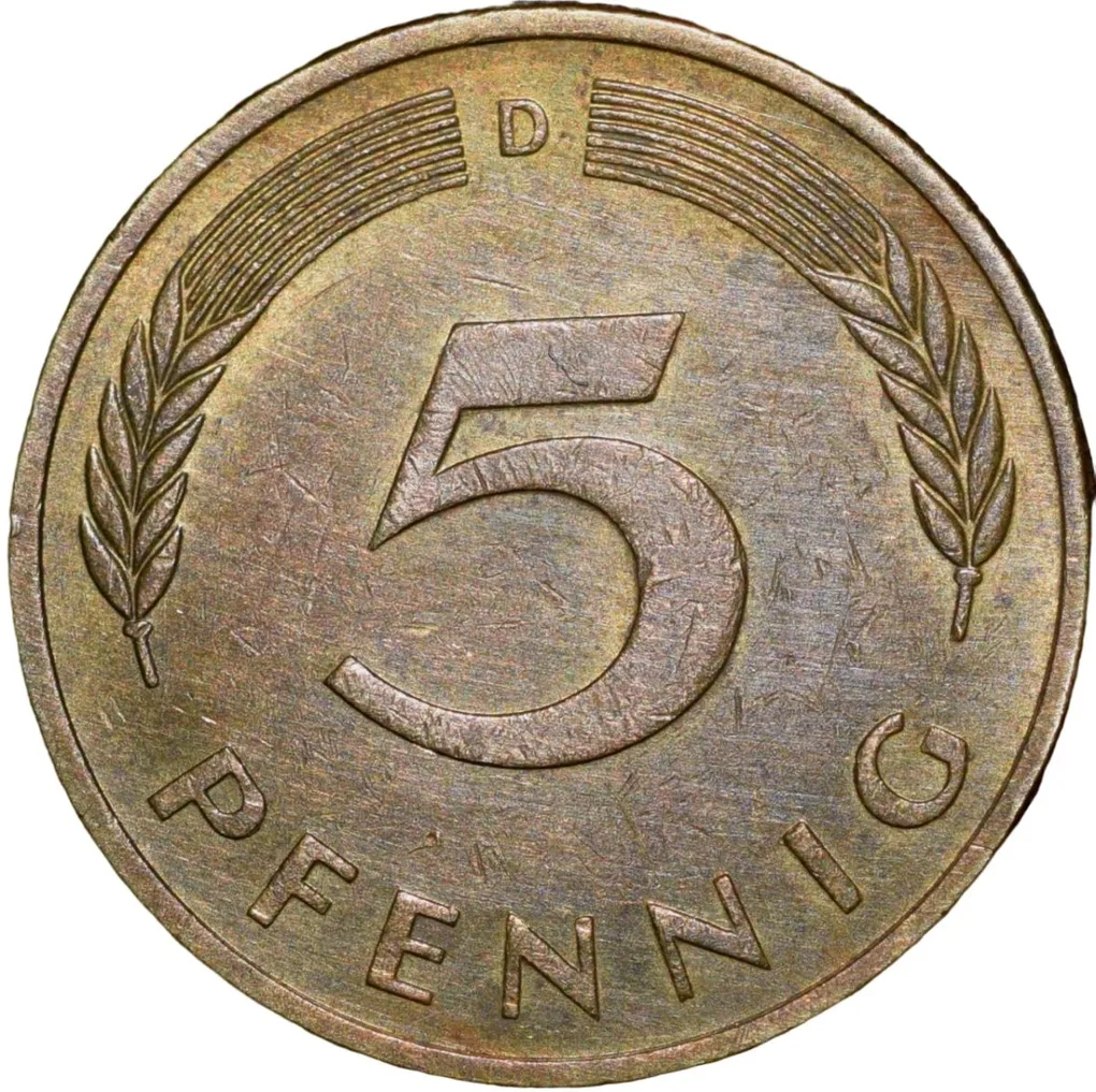 Brass 5 Pfennig of Germany (AD 1982) with Oak Sapling