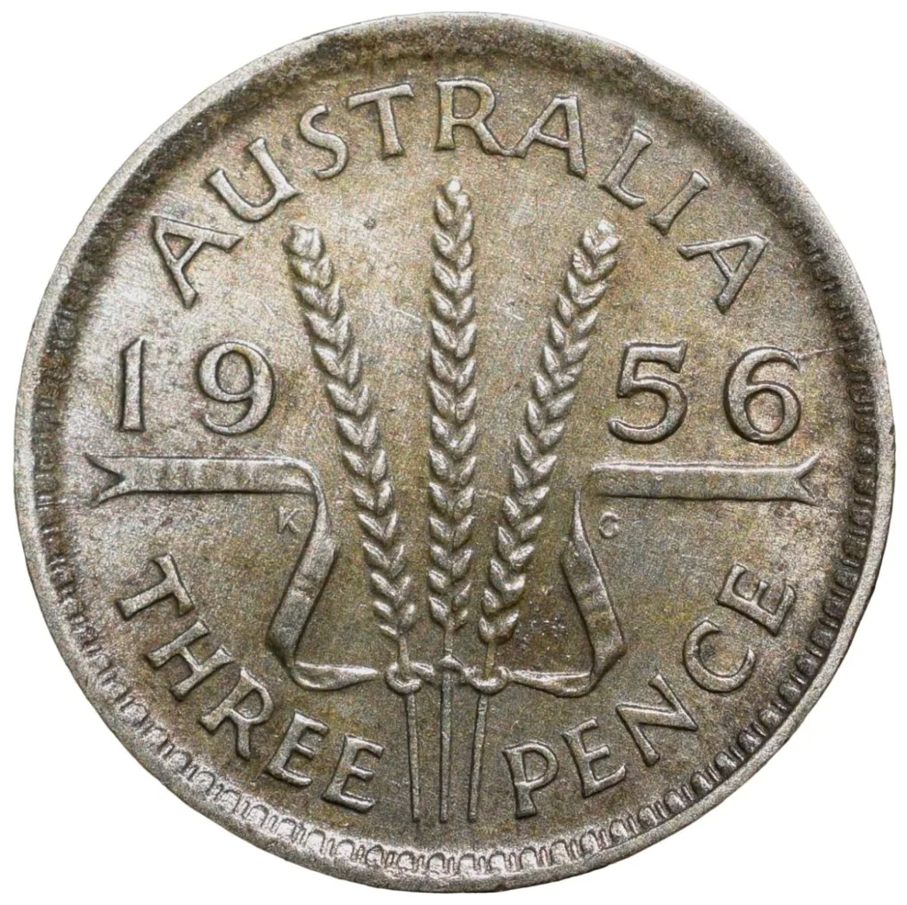 Silver 3 Pence of Elizabeth II (AD 1956) from Australia with Three wheat stalks