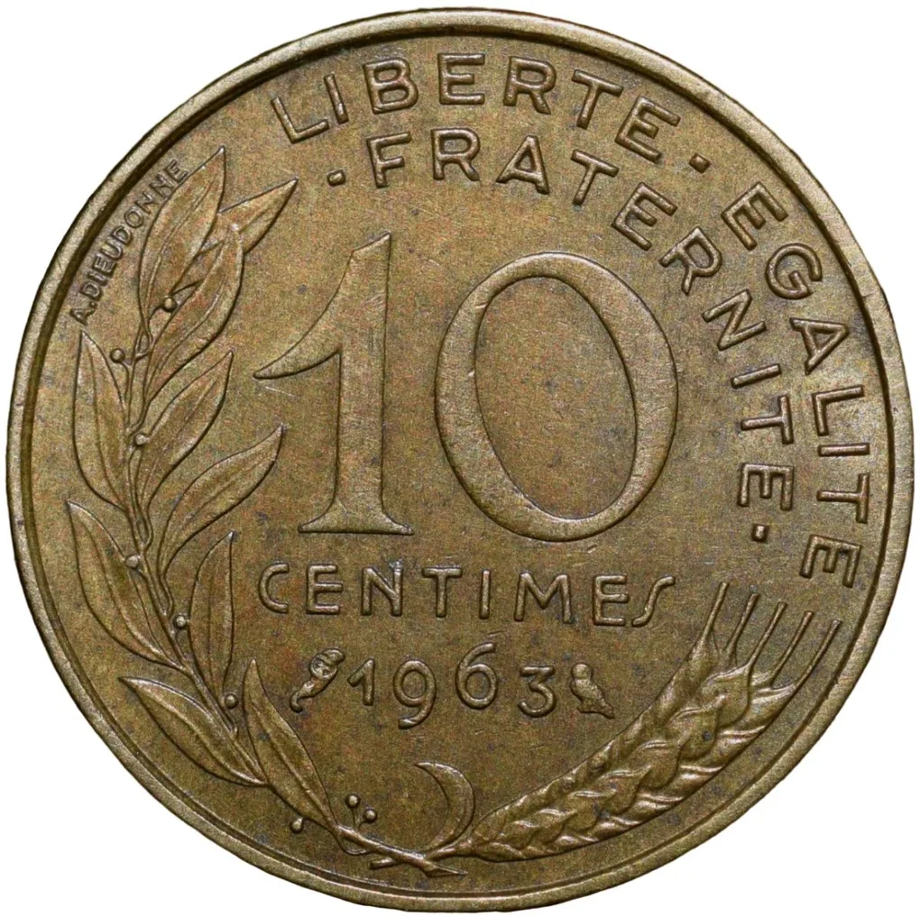 Brass 10 Centimes of France ( AD 1963) with Marianne face left