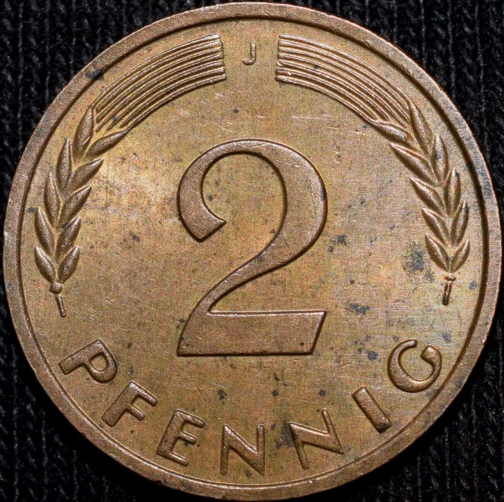 Brass 2 Pfennig of Germany (AD 1967) with Oak Sapling About UNC Grade
