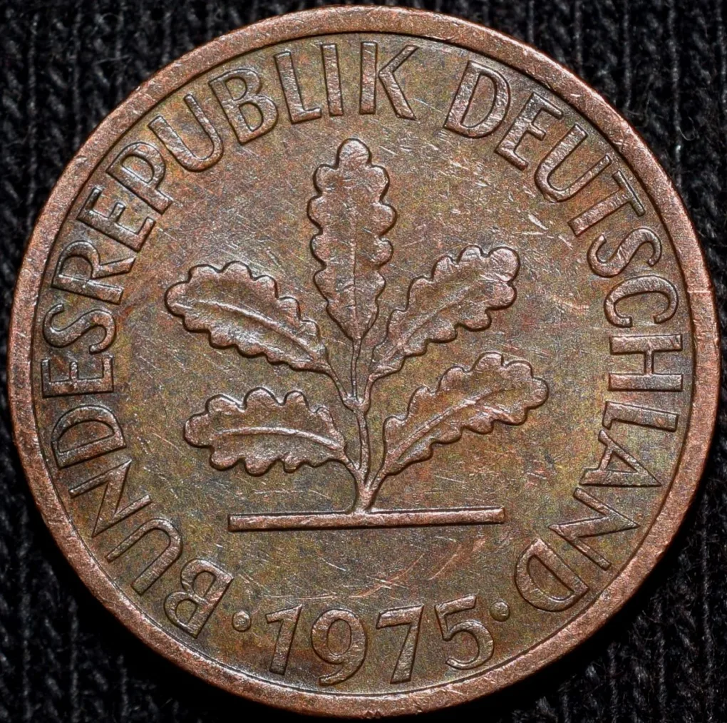Bronze 1 Pfennig of Germany (AD 1975) with Oak Sapling