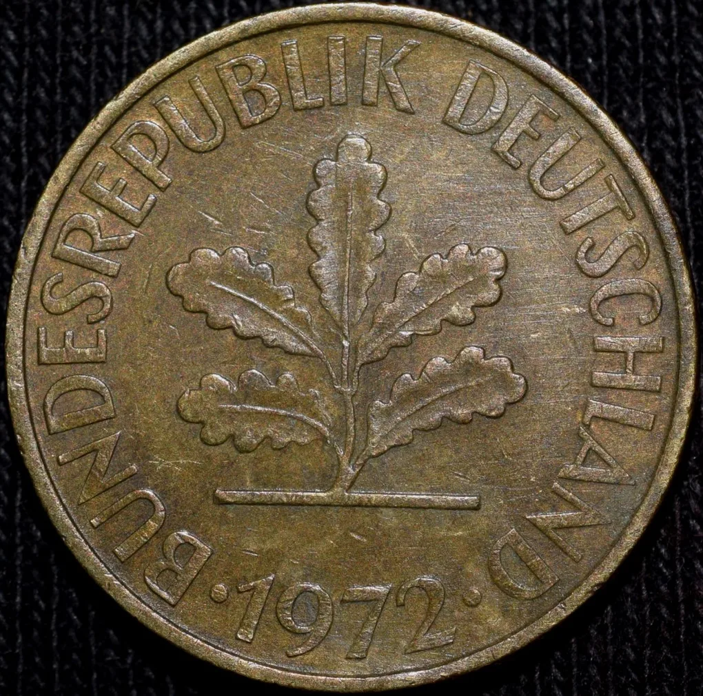 Brass 10 Pfennig of Germany (AD 1972) with Oak Sapling