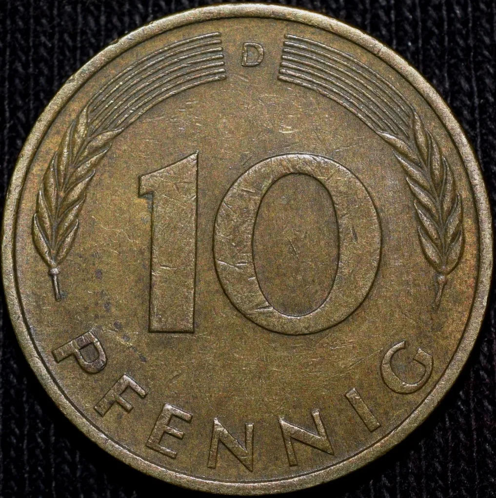 Brass 10 Pfennig of Germany (AD 1972) with Oak Sapling