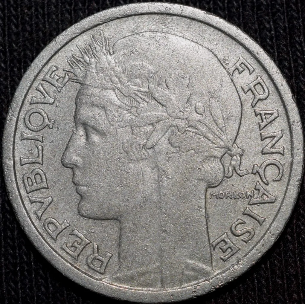 Old Aluminium 1 Franc of France (AD 1948) with Wreathed female head facing left